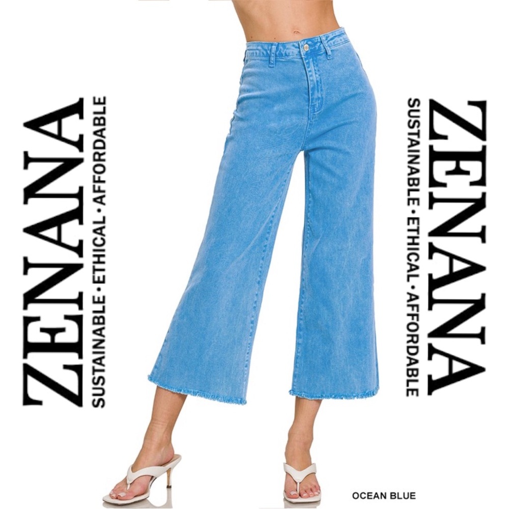 ZENANA | High Waist Acid Wash Frayed Hem Cropped Denim - Ocean Blue - NEW!